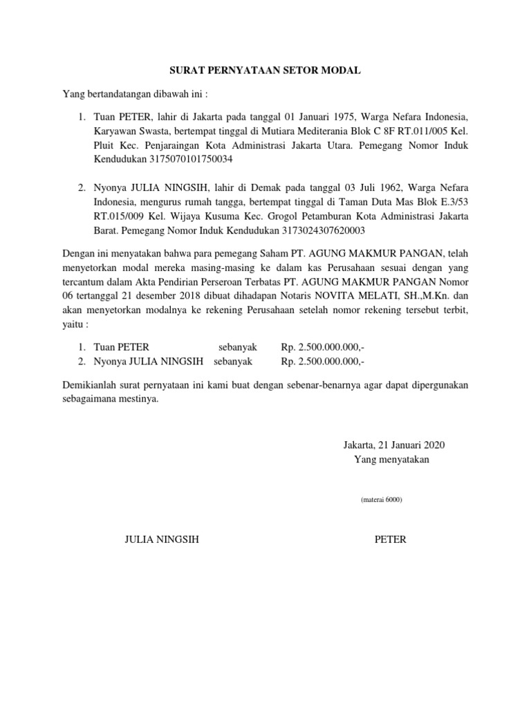 Surat Pernyataan Setor Modal PT | PDF