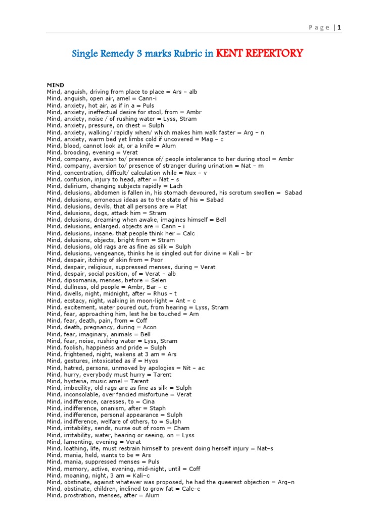 Single Remedy 3 Marks Rubric in KENT REPERTORY Download Free PDF