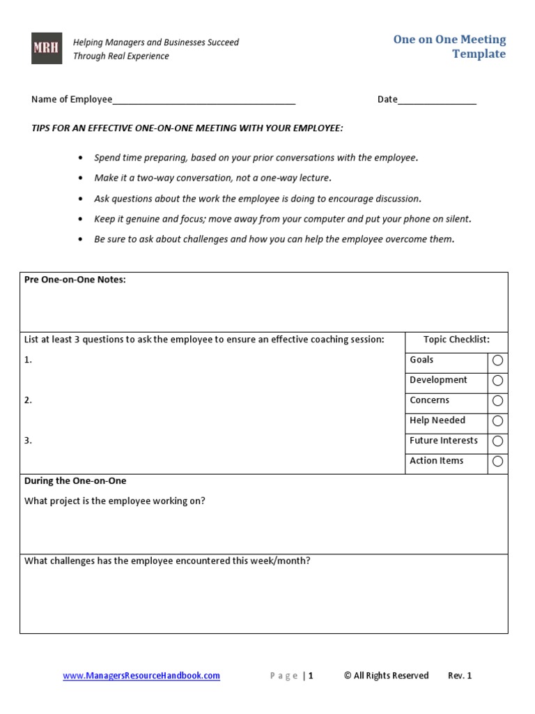 Printable Employee One On One Meeting Template - Printable Templates