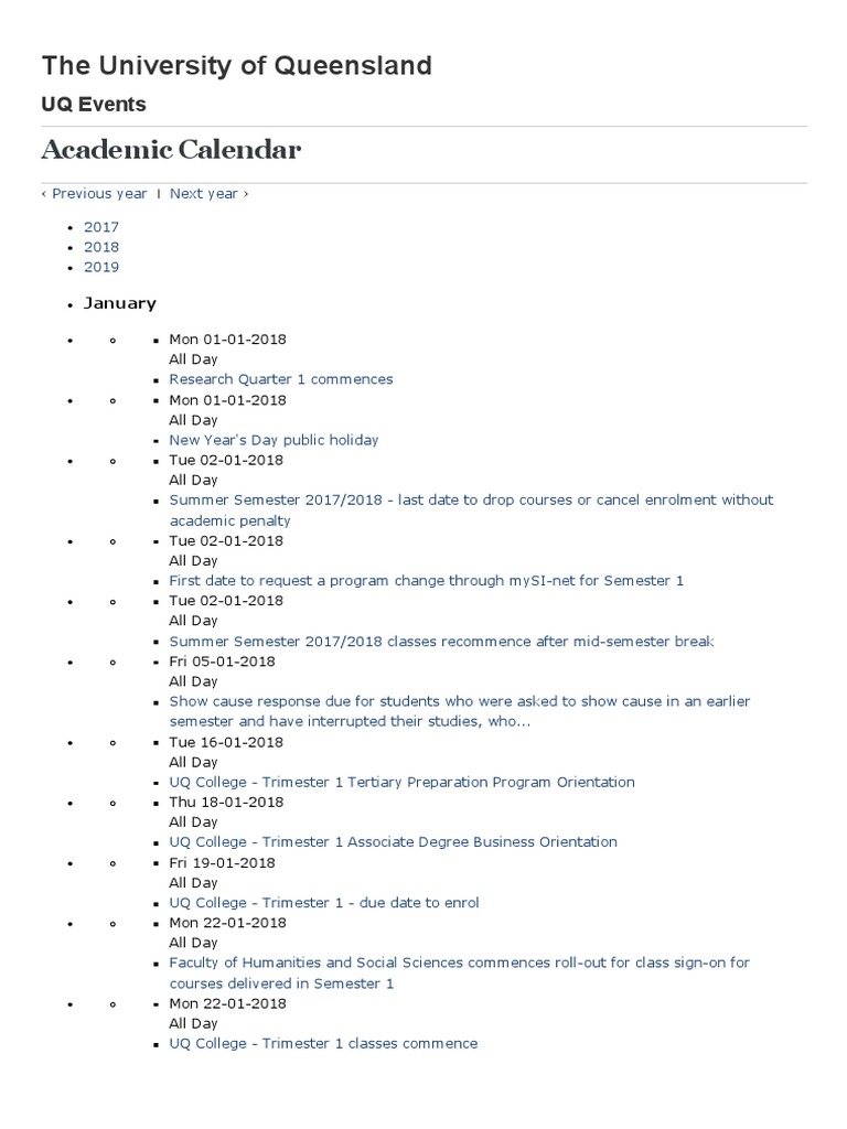 Academic Calendar UQ Events, The University of Queensland 2018 PDF