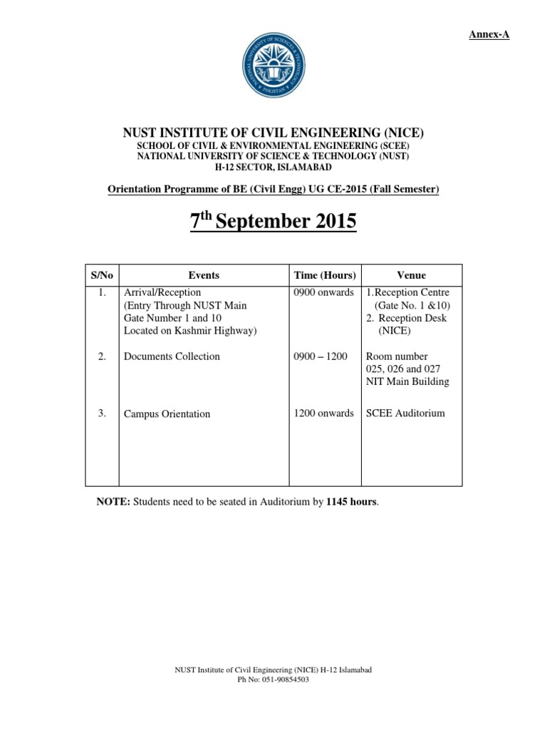 NUST Civil Engineering Orientation 2015 | PDF | Government