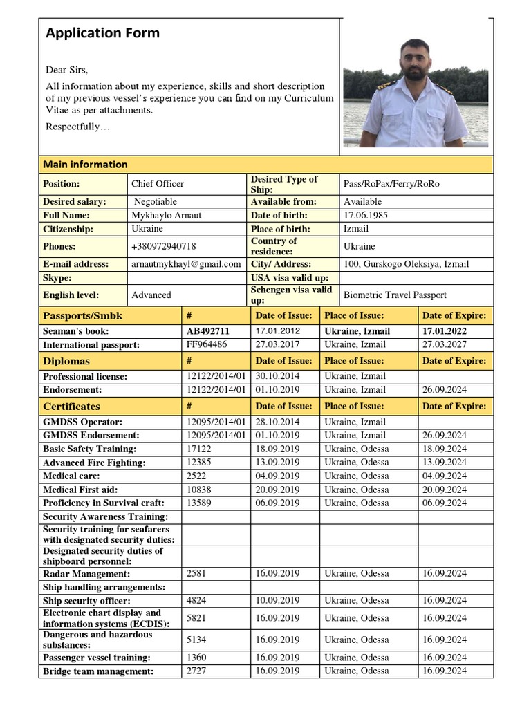 Chief Officer Application - Mykhaylo Arnaut | PDF | Passport | Travel Visa