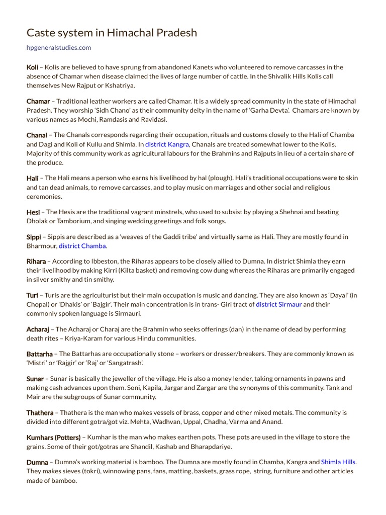 Caste System Overview in Himachal Pradesh | PDF | Social Groups Of ...
