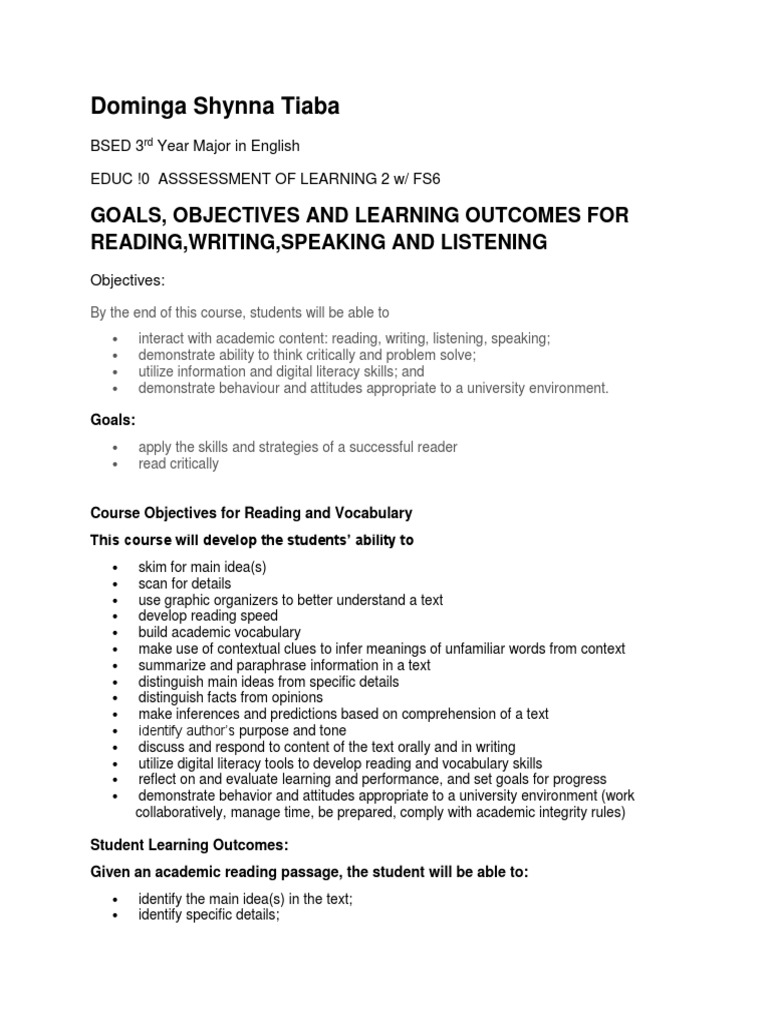Goals, Objectives and Outcomes | PDF | Reading Comprehension | Learning