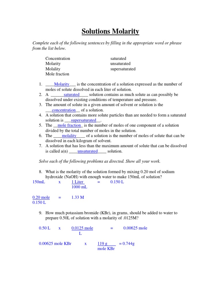 73 Solutions Molarity KEY | PDF | Solution | Molar Concentration