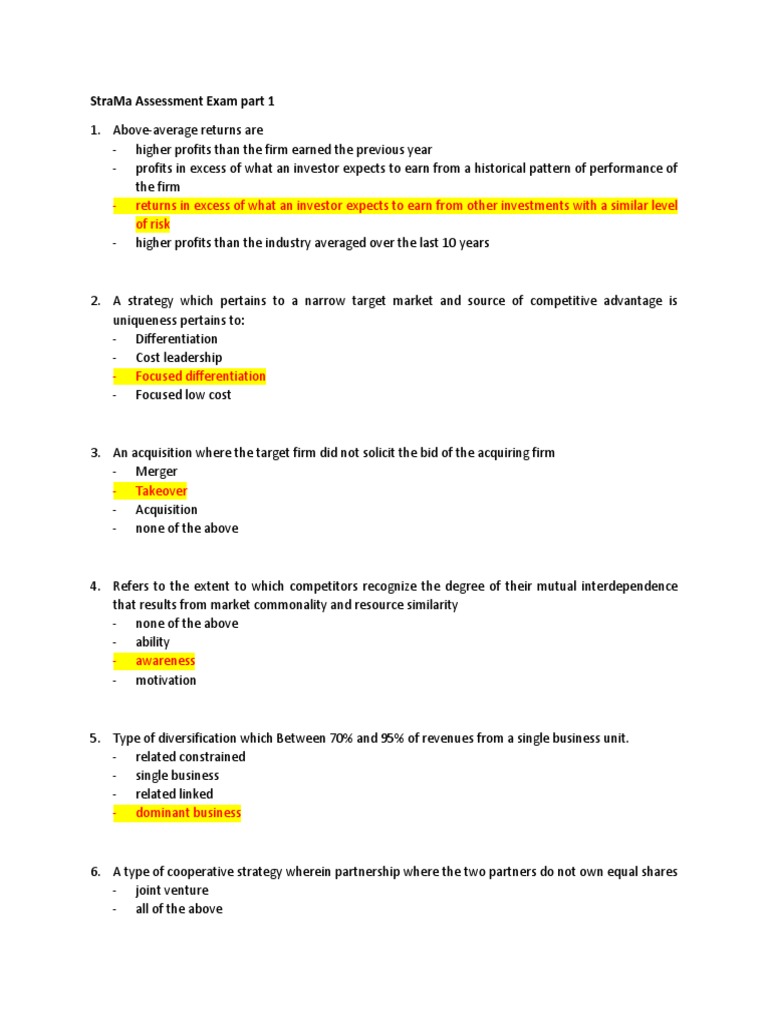StraMa Assessment Exam Part 1 | PDF | Strategic Management | Mergers ...