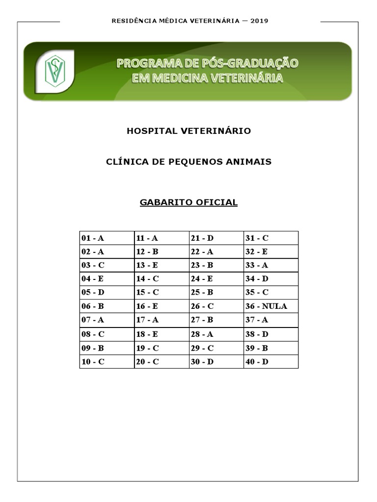 Gabarito oficial da residência médica veterinária de 2019 em clínica de ...
