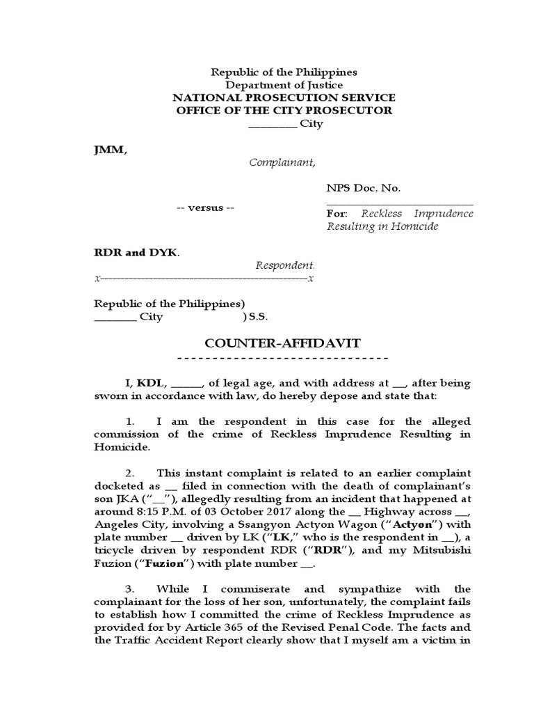 Counter Affidavit Reckless Imprudence Resulting in Homicide PDF