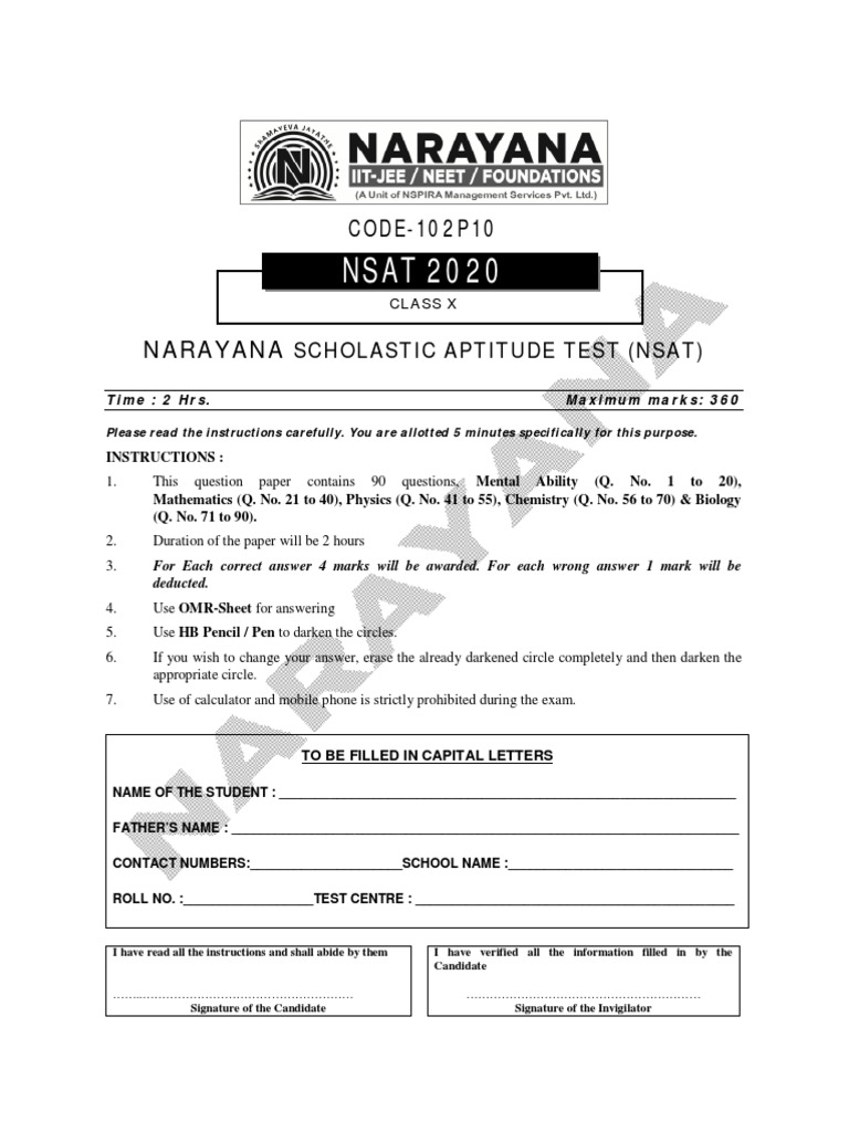 Class X Nsat 2019 Qp Ks Pdf Sample Paper Narayana Pdf