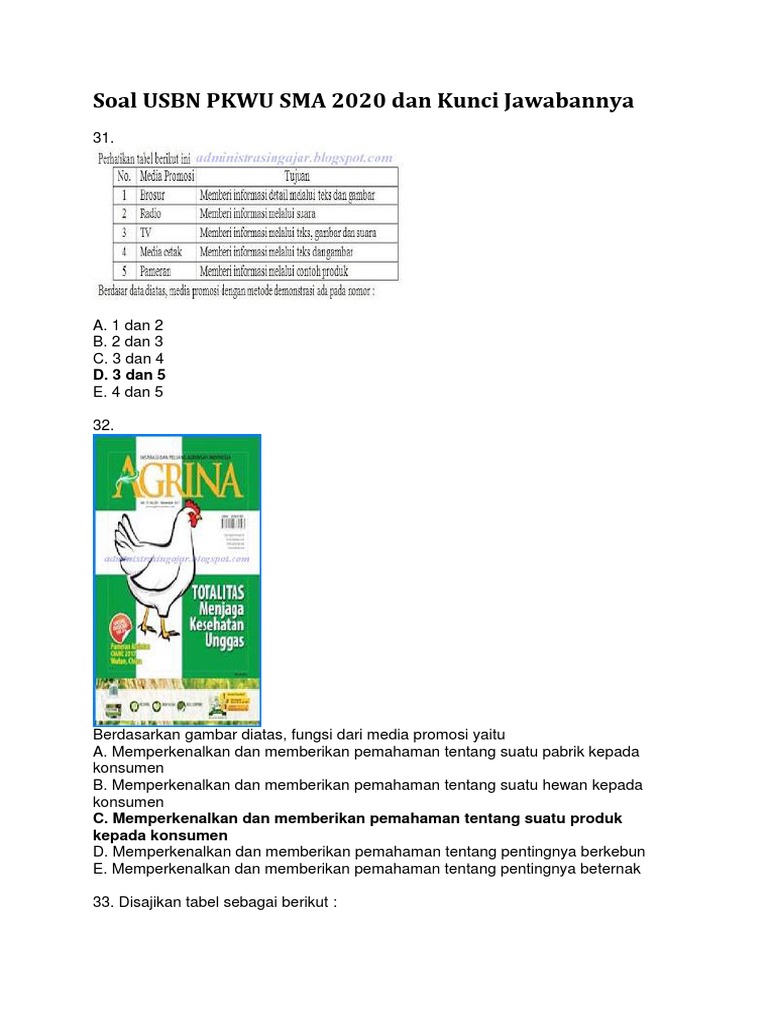 Soal Usbn Pkwu Sma 2020 Dan Kunci Jawabannya Dbi