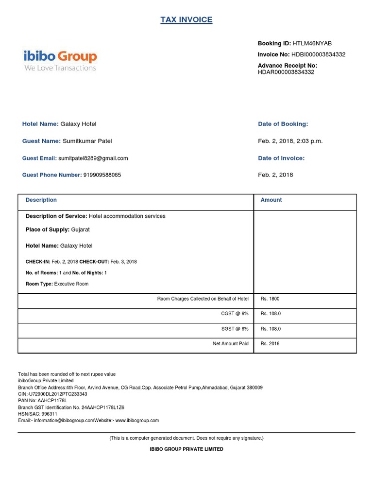 Goibibo Hotel Tax Invoice for Stay | PDF | Invoice | Taxation