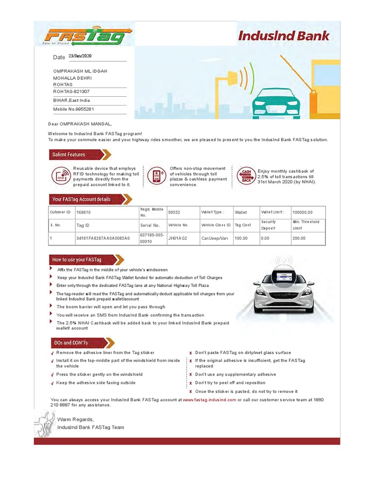 IndusInd Bank FASTag Welcome Guide | PDF | Toll Road | Road Transport