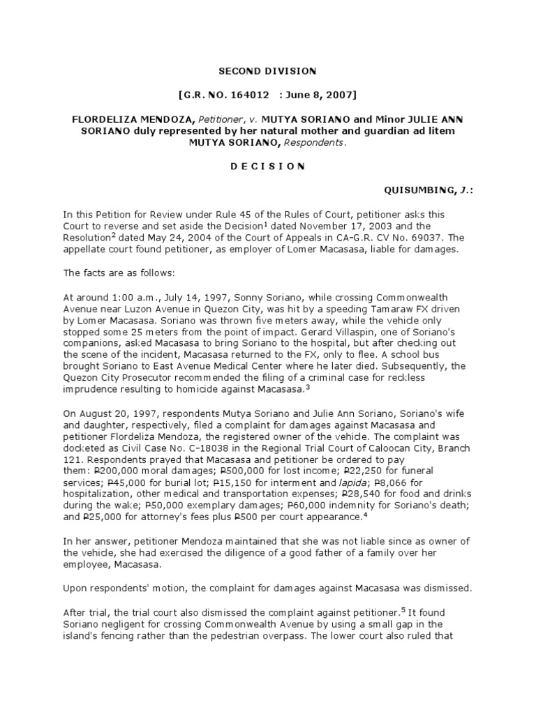 Mendoza V Soriano PDF Damages Negligence