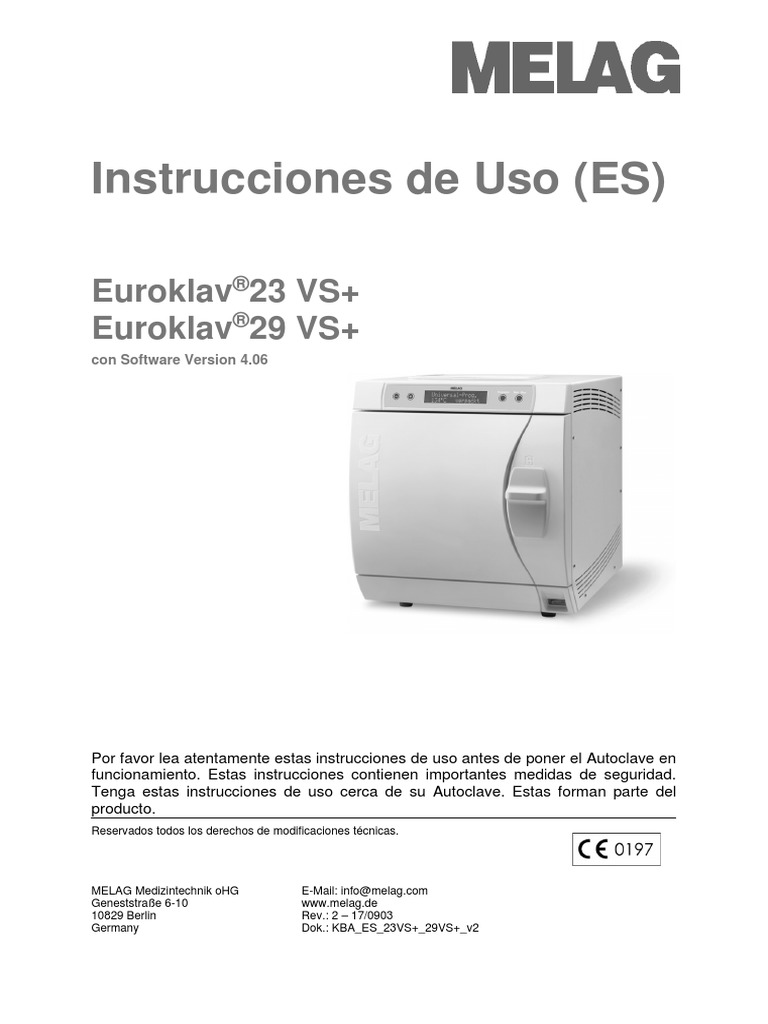 MANUAL AUTOCLAVE MELAG EUROKLAV 23VS Esterilización (Microbiología