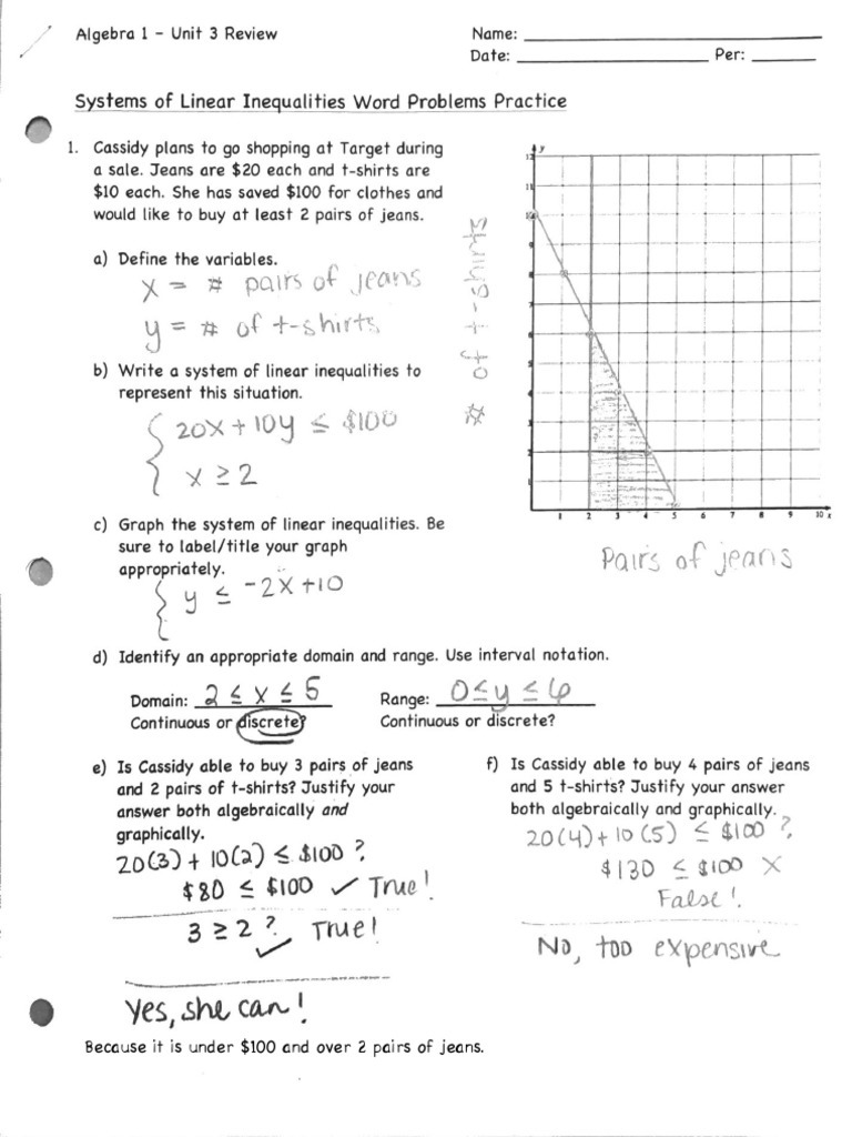 Systems of Inequalities Word Problems PDF