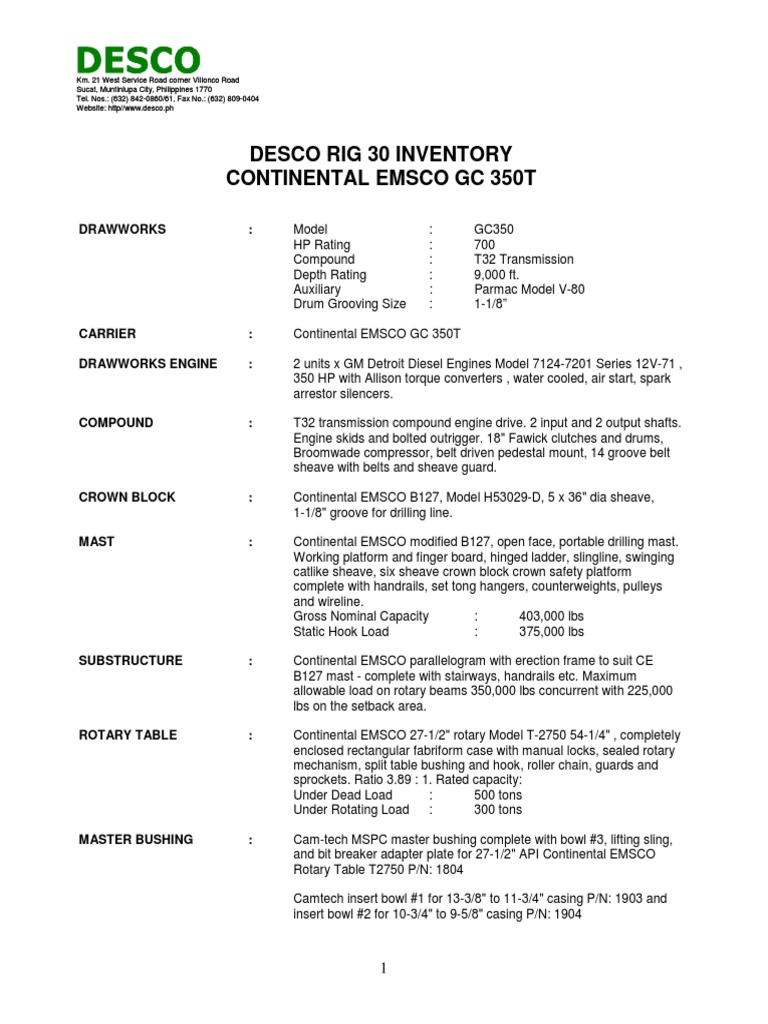 Desco R30 Inventory Final | PDF | Drilling Rig | Pump