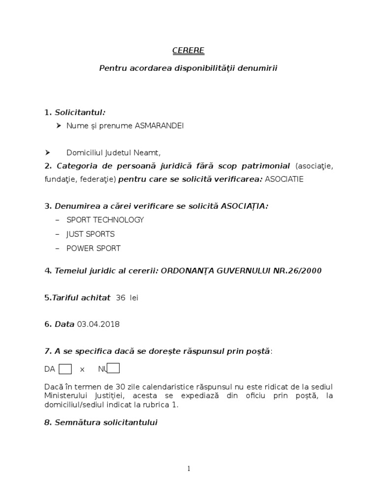 Cerere Rezervare Denumire Asociatie