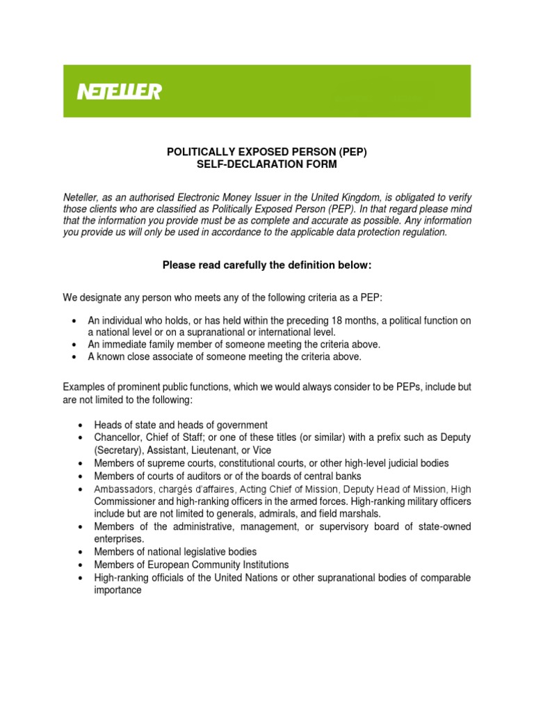 PEP Self-Declaration Form for Neteller | PDF | Government Information ...