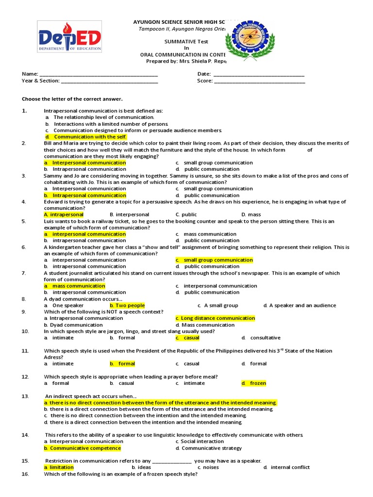 Grade 11 Oral Communication Exam Guide | PDF | Semiotics | Human ...