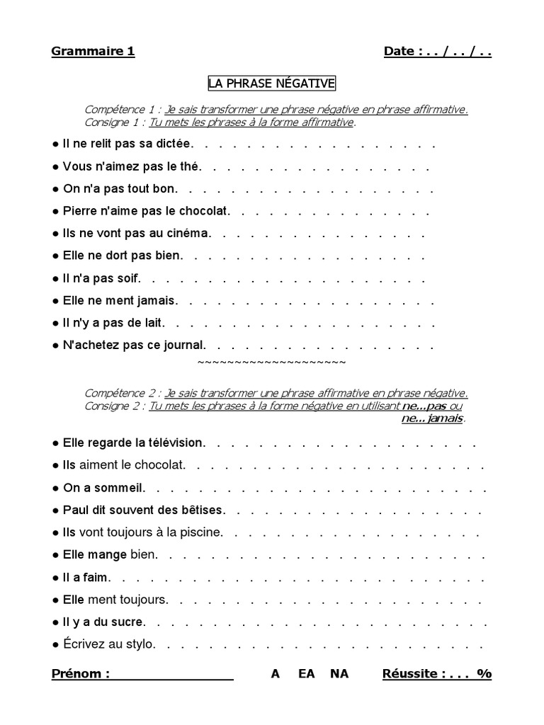 Les Formes De Phrases Exercices Cm2 Pdf 01 La Phrase Negative | PDF