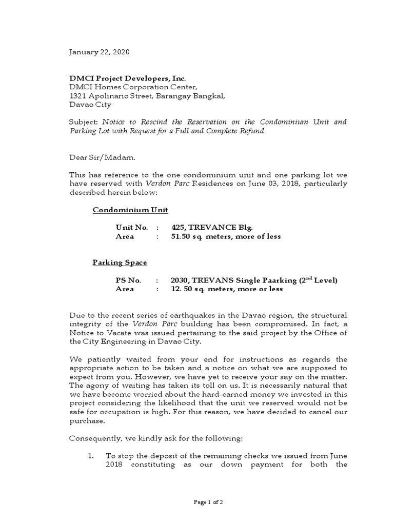 Back Out Letter Condo | PDF | Justice | Crime & Violence