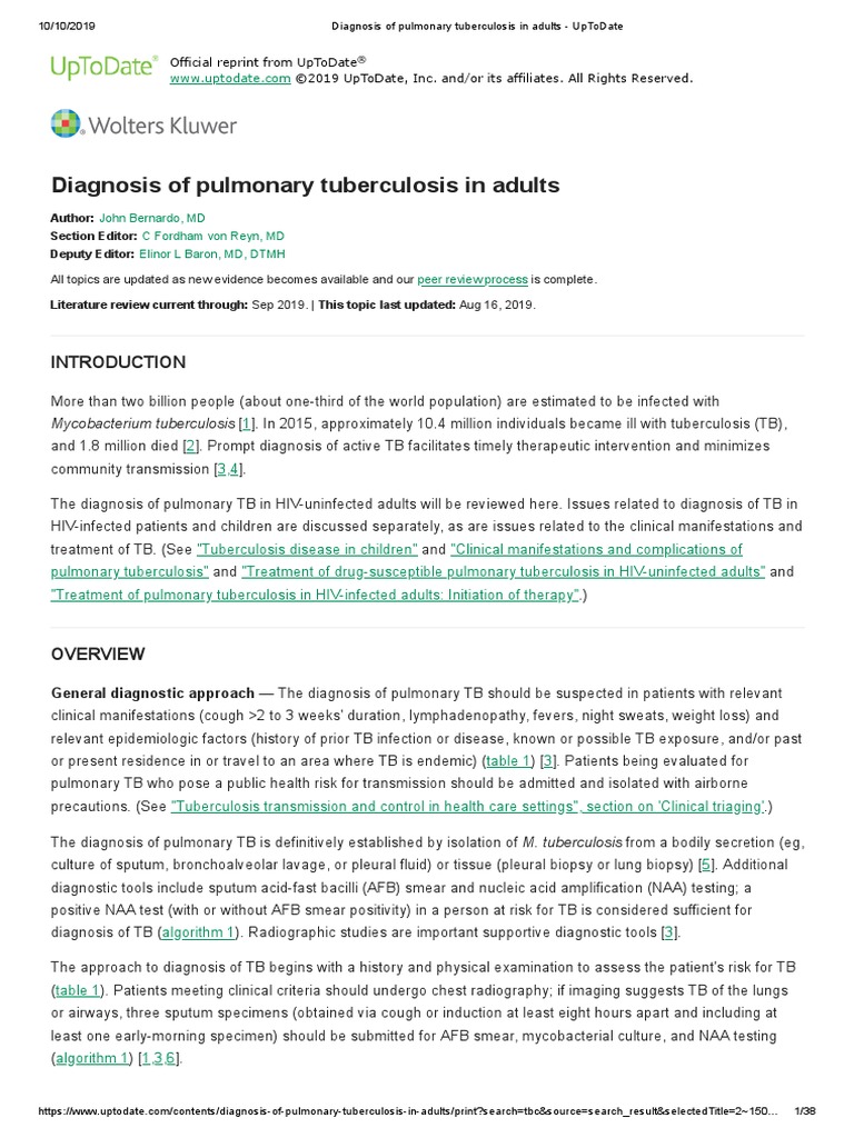 Diagnosis of Pulmonary Tuberculosis in Adults UpToDate PDF