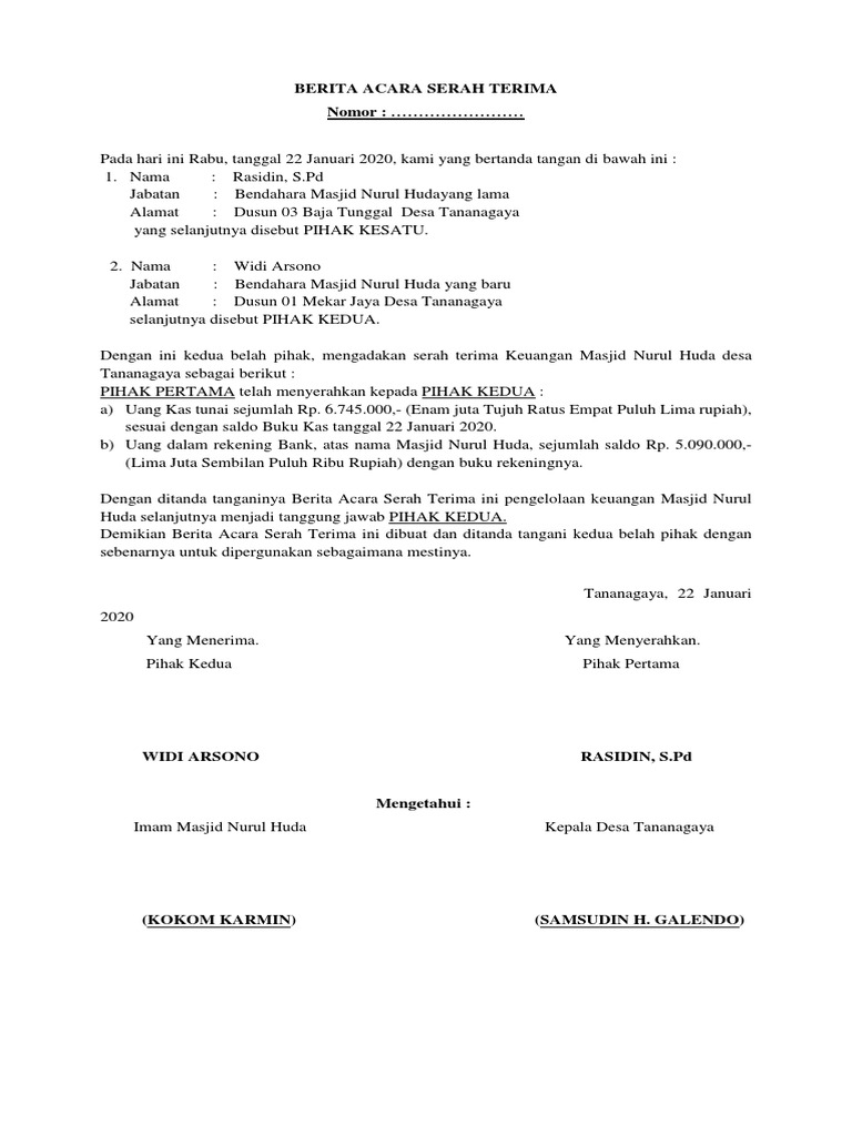 Berita Acara Serah Terima Masjid