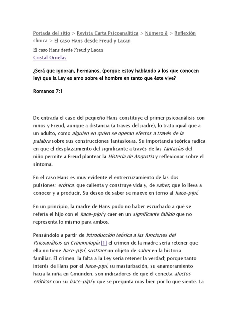 Análisis del Caso Hans: Freud y Lacan | PDF | Psicoanálisis | Jacques Lacan