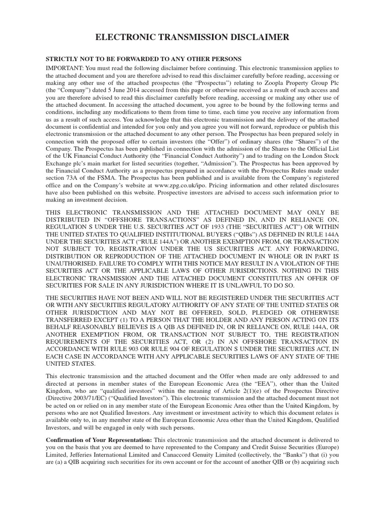 Zoopla Property Group Prospectus PDF Securities Act Of 1933