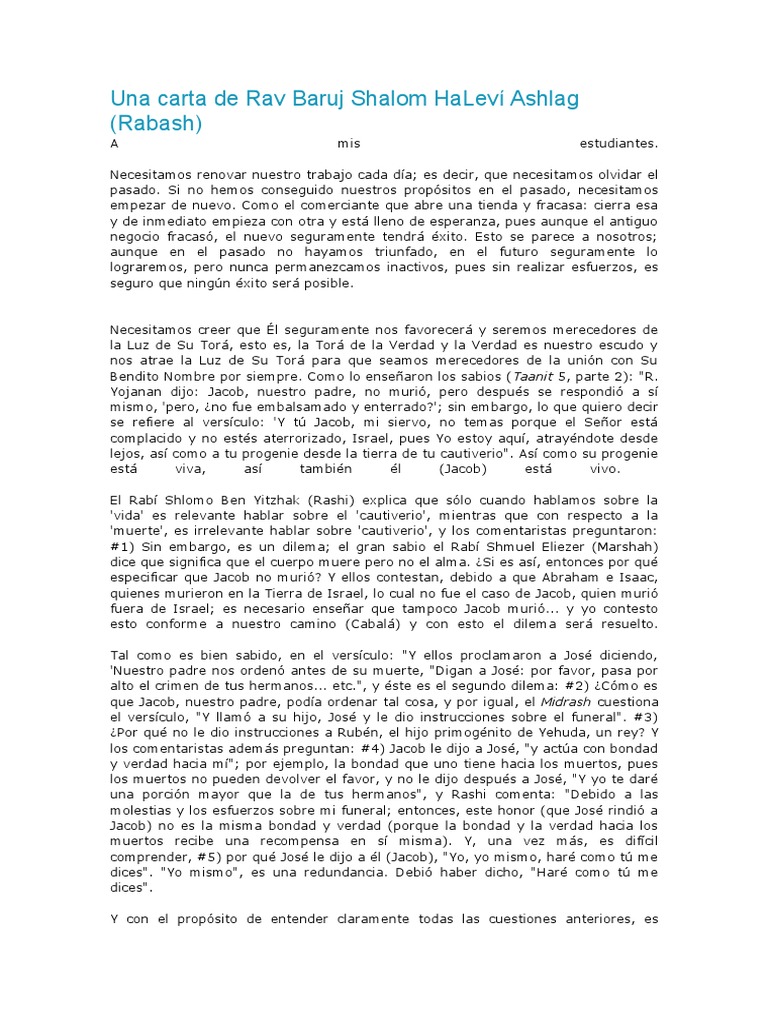 Una Carta de Rav Baruj Shalom HaLeví Ashlag PDF Jacob Verdad
