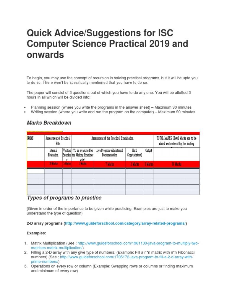 Isc Practical Advice-2019onwards | PDF | Class (Computer Programming ...