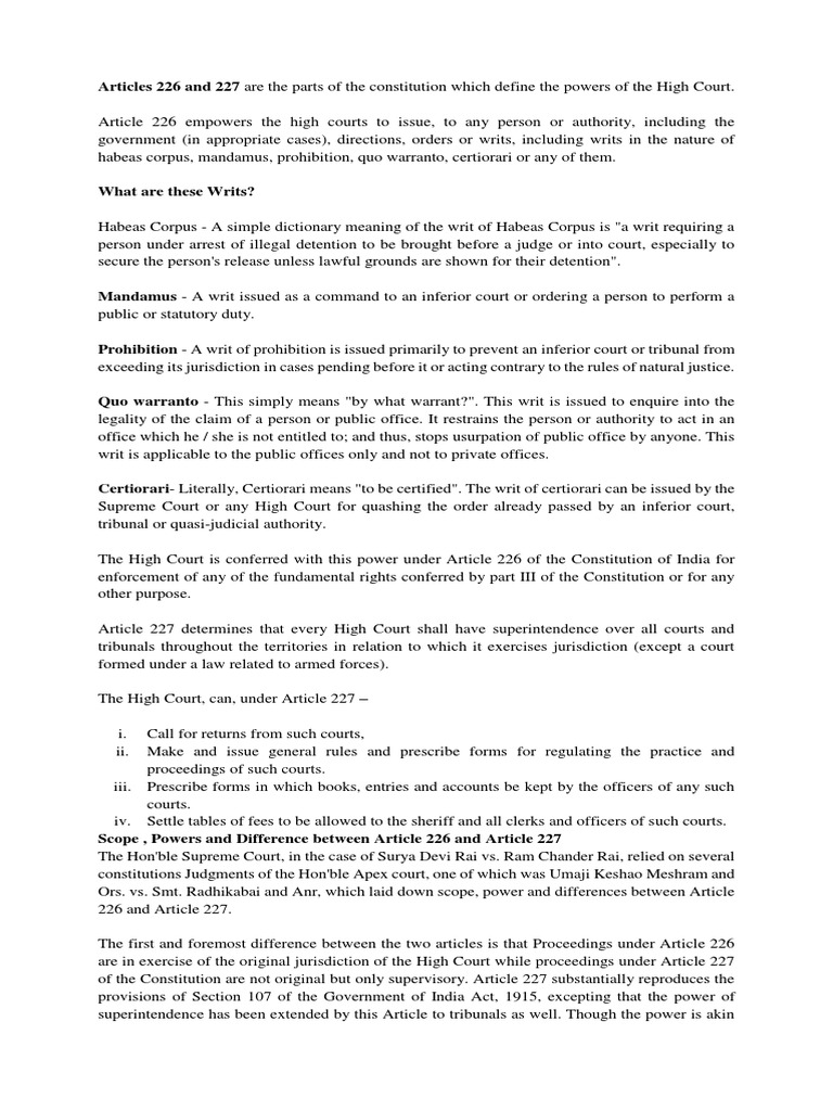 Differences Between Articles 226 & 227 | PDF | Writ | Writ Of Prohibition