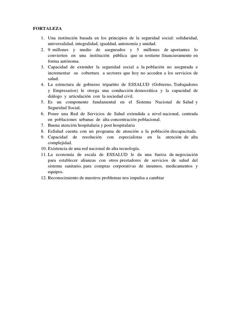 Análisis FODA de EsSalud 2025 | PDF | Sistema de salud | Hospital