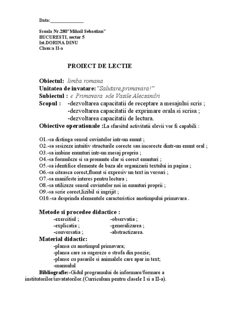 0proiect De Lectie Lb Romana