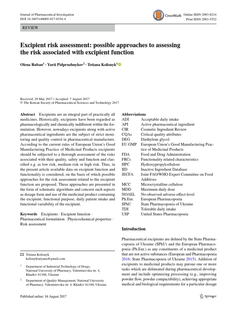 Excipient Risk Assessment-Possible Approaches To Assessing The Risk ...