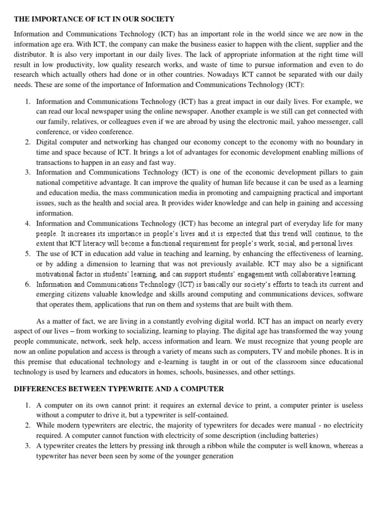 Importance of ICT in Modern Society | PDF | Typewriter | Educational ...