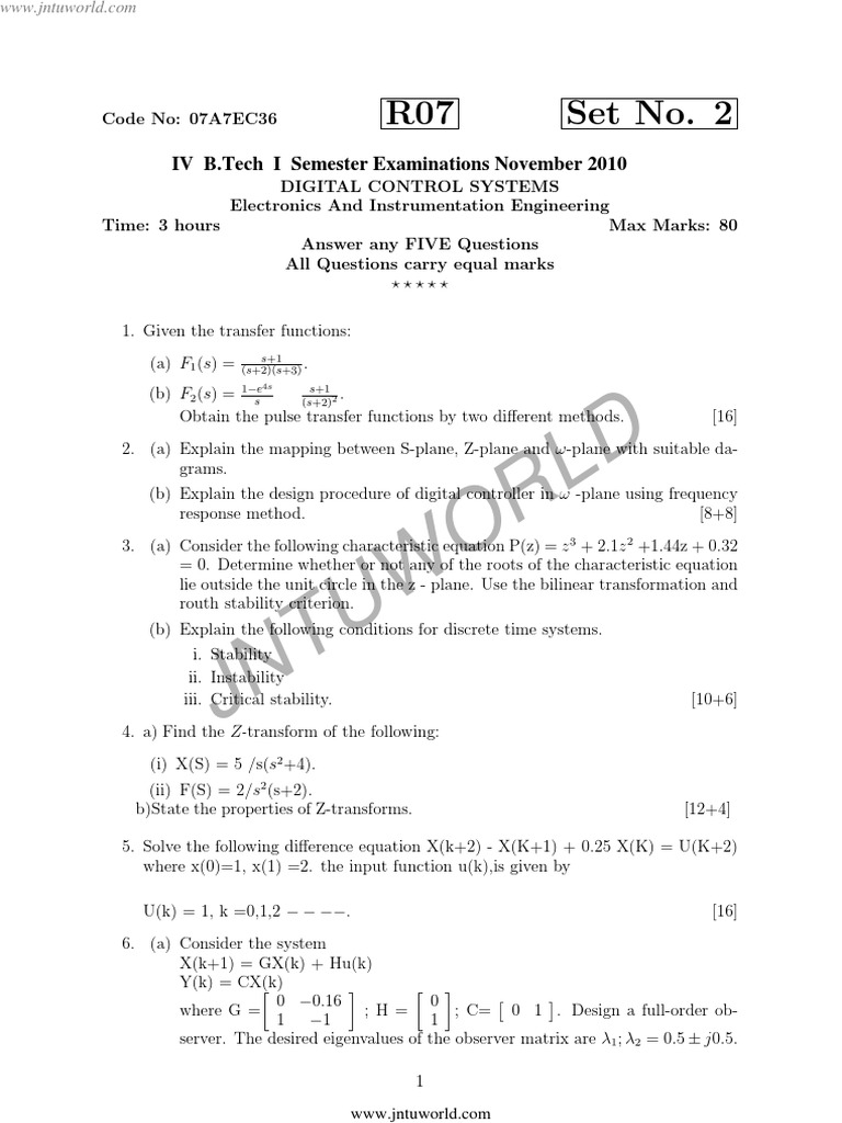 Digital Control Systems Exam Questions | PDF | Control Theory | Systems ...