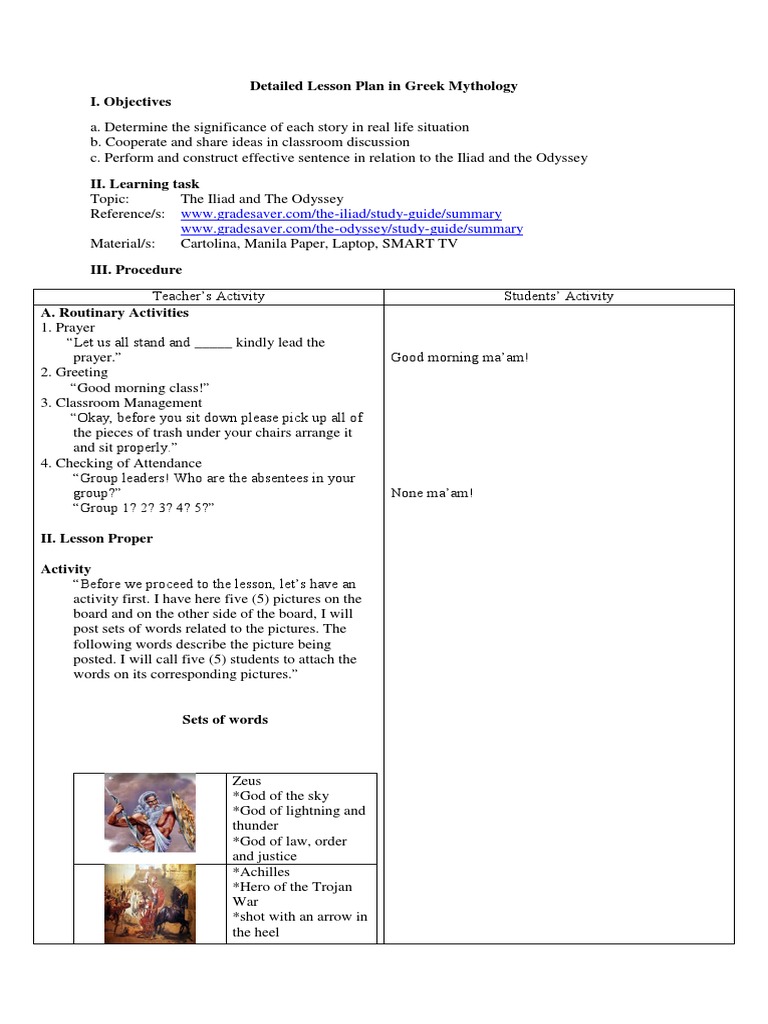 Detailed Lesson Plan In Greek Myth Hector Achilles