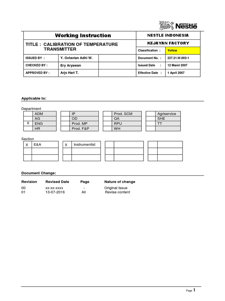 WI Calibration Procedure of Temperature Transmitter PDF Nature