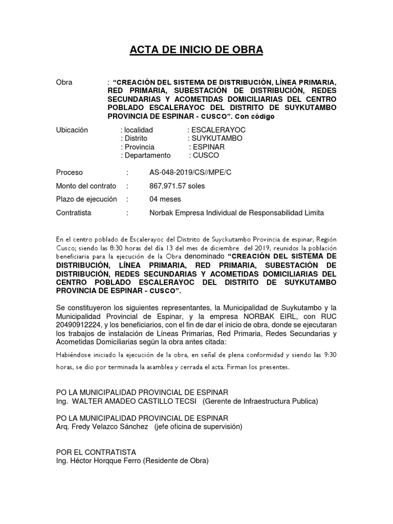 Acta de Inicio de Obra Escalera | PDF | Gobierno