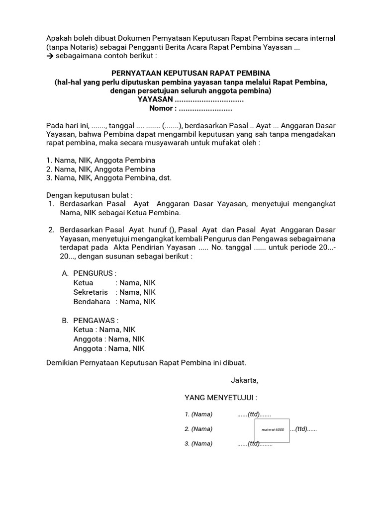 Contoh PERNYATAAN KEPUTUSAN RAPAT PEMBINA PDF | PDF