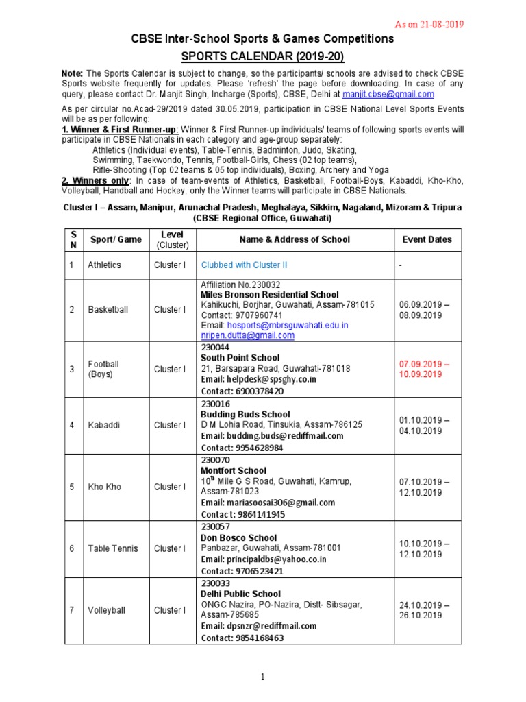 CBSE Sports Calendar 2019-20 | PDF | Summer Olympic Sports | Summer Sports