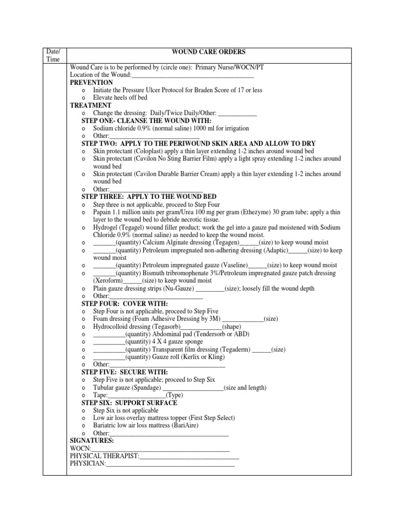 Pressure Ulcer Wound Care Orders PDF Nature