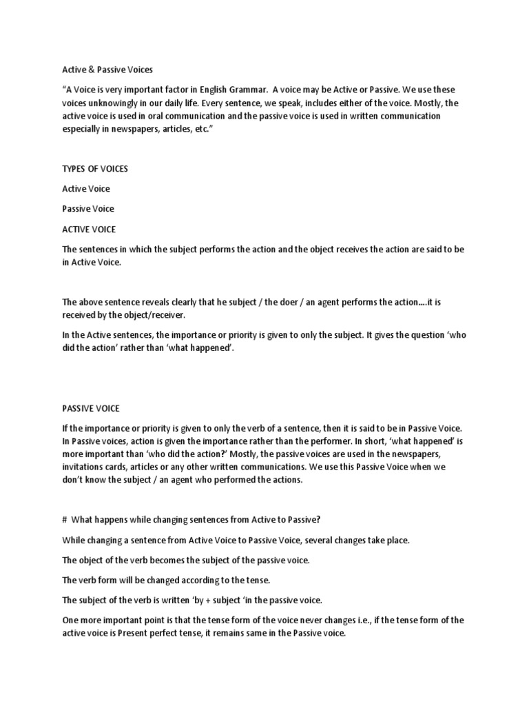 Active Passive Verb Grammatical Tense