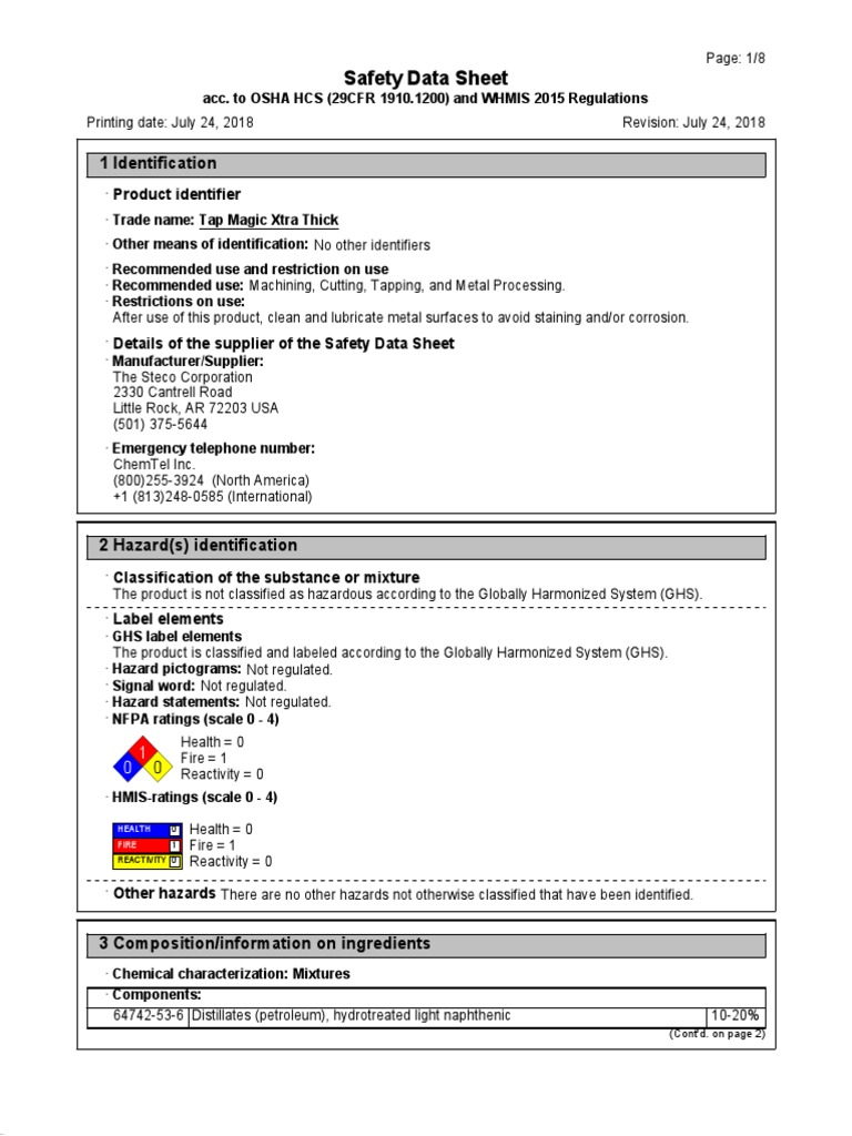 Tap Magic Xtra Thick SDS Overview | PDF | Dangerous Goods | Prevention