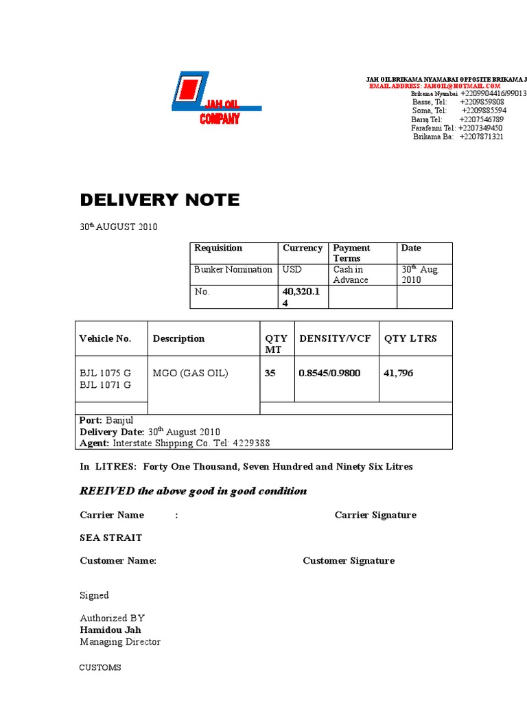 Delivery Note for MGO Shipment | PDF | Energy And Resource | Unrest