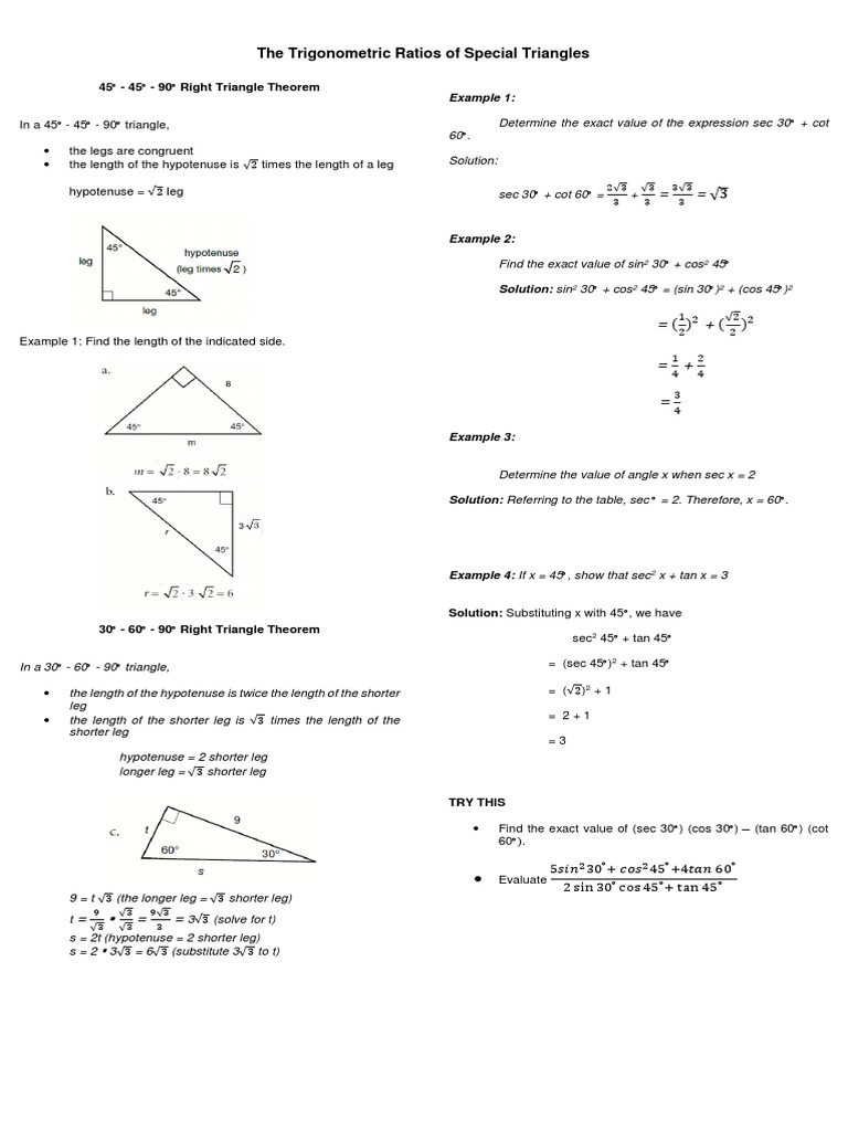 The Trigonometric Ratios Of Special Triangles Pdf Trigonometric Functions Triangle