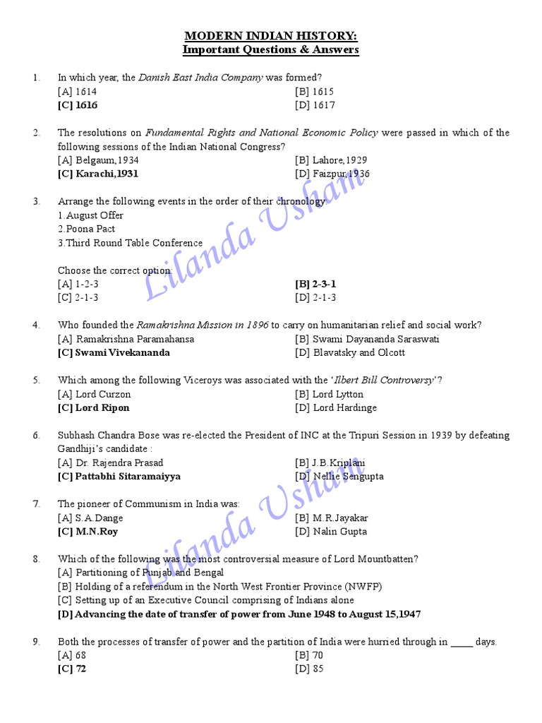 Modern Indian History MCQs with Answers | PDF | British Raj | Indian ...