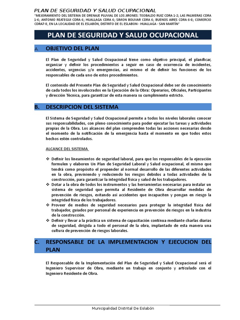 Plan de Seguridad y Salud Ocupacional | PDF | Seguridad y salud ...