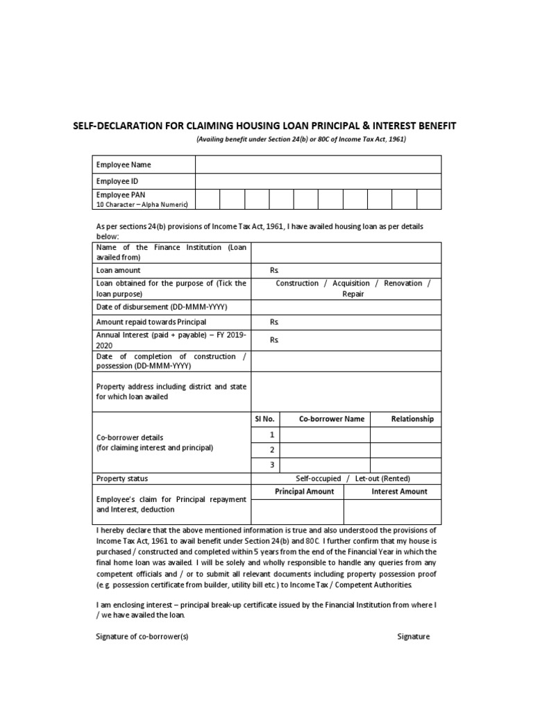 Self-Declaration For Claiming Housing Loan Principal &amp; Interest 